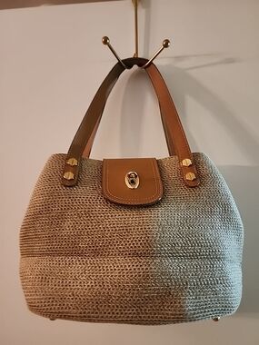 Woven Straw Tote with Tan Leather Trim and Gold Hardware